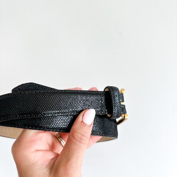 Vintage AVIGNON Gold Buckle Black Genuine Leather Belt L - Picture 4 of 8